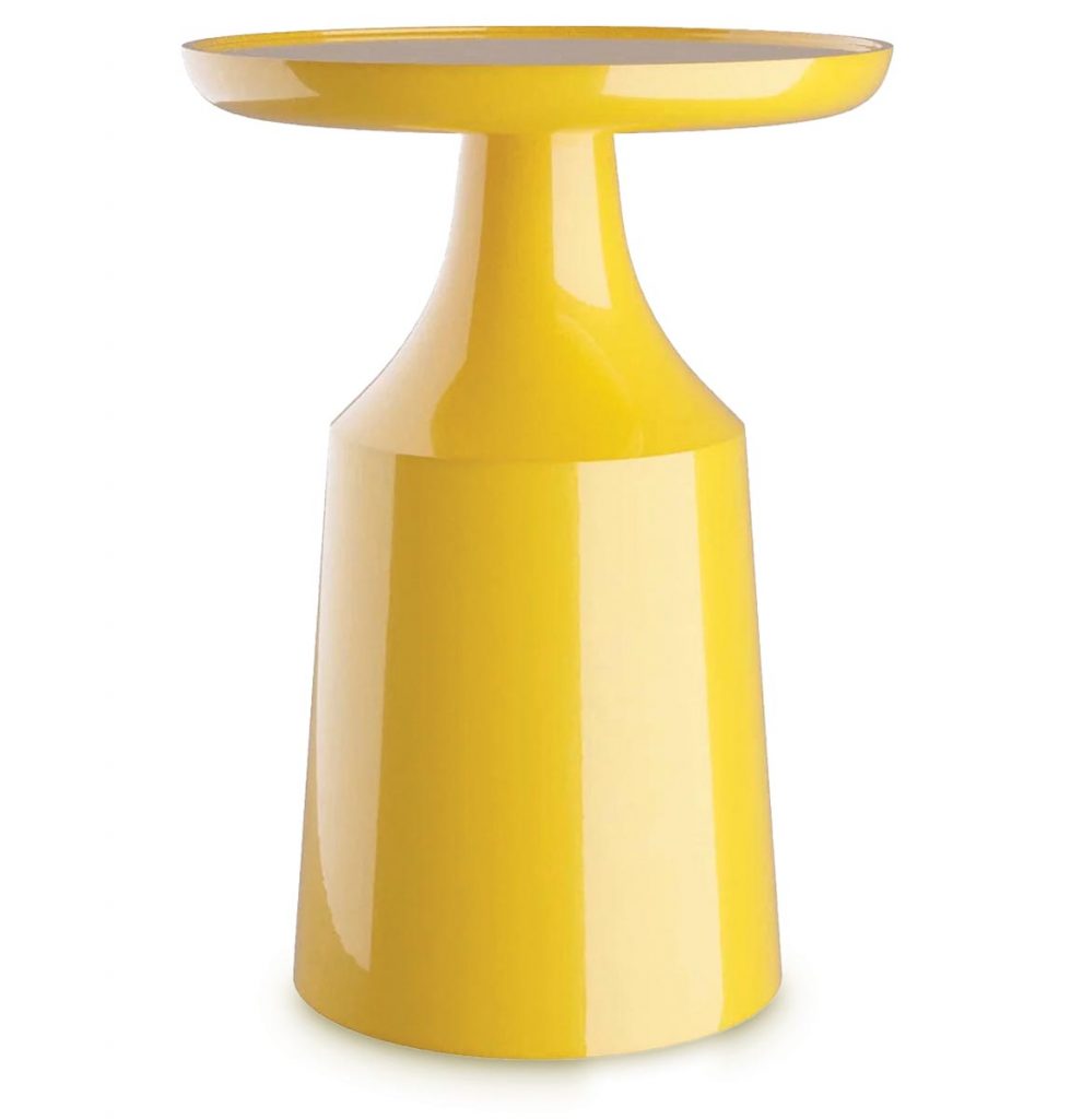 Contemporary and modern design elements take shape in the Turin end table by Arteriors. A lacquered lemon finish accentuates its sculptural construction