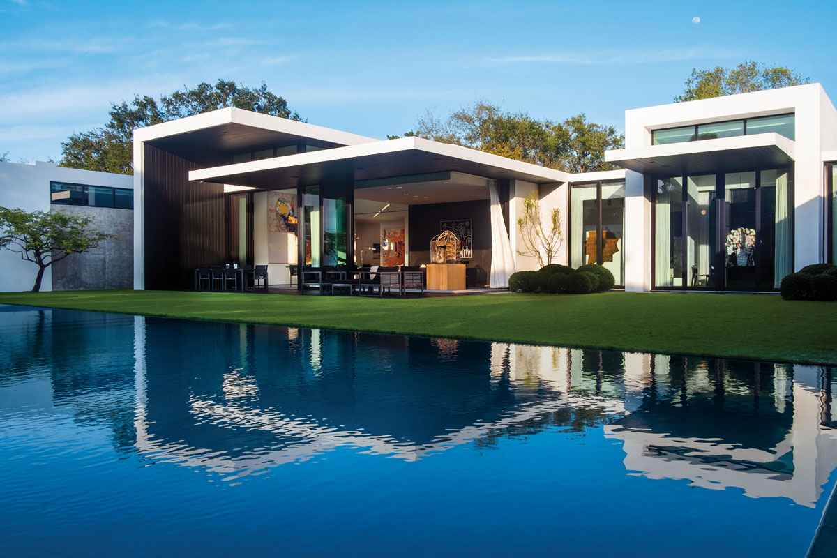 Completed over the course of a year, MLB sports icon Alex Rodriguez’ 11,877-square-foot home in Miami. With its pod-style architecture and overhangs that bespeak midcentury modernism, is laid out on one level so the interiors would connect directly to the grounds, blurring indoor-outdoor boundaries.