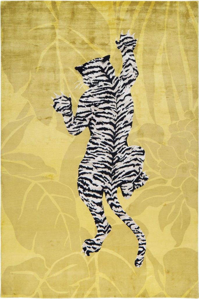 Diane von Furstenberg’s Climbing Tiger area rug for The Rug Company is a piece of underfoot art marked by its trio of silk tones